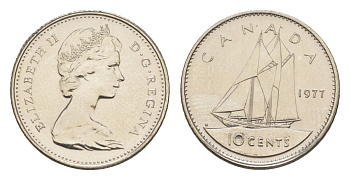 Канада 10 центов 1977 Елизавета II (1952-2022), парусник KM 77 никель PROOF-LIKE (BU) 4630-966