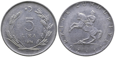 Турция 5 лир 1976 Кемаль Ататюрк KM 905 нержавеющая сталь 29-1032