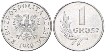 ПОЛЬША 1 ГРОШ 1949 ПЕРВЫЙ ПОСЛЕВОЕННЫЙ ВЫПУСК KM 39, Parchimowicz 201 алюминий UNC 4181-1169