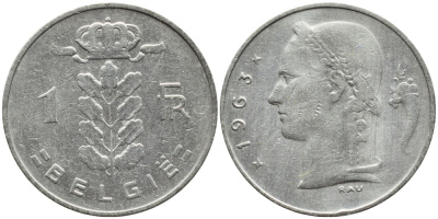 БЕЛЬГИЯ 1 ФРАНК 1963 BELGIE KM 143.1 медно-никель 4388-631