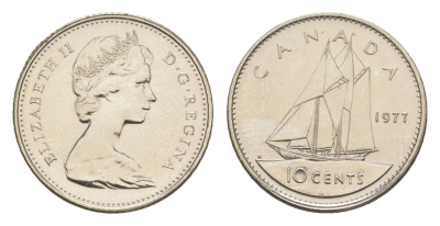 Канада 10 центов 1977 Елизавета II (1952-2022), парусник KM 77 никель PROOF-LIKE (BU) 4630-966