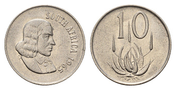 ЮАР 10 центов 1965 Ян ван Рибек (1619-1677), South Africa, легенда на африкаанс, цветок алоэ KM 68.1 никель 4687-324