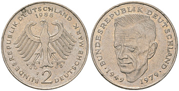 ФРГ 2 марки 1988 F, Курт Шумахер, 30 лет Федеративной Республике KM 149 медно-никель 4572-622