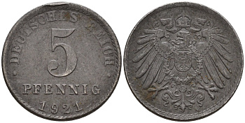 Германия 5 пфеннигов 1921 A KM 19, J. 297 железо 4151-639