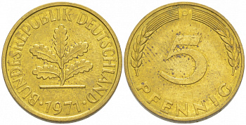 ФРГ 5 ПФЕННИГОВ 1971 J KM 107 J. 382 сталь плакированная латунью 3955-563