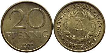 ГДР 20 пфеннигов 1971 А KM 11 латунь UNC 54-1441