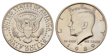 США 1/2 доллара (50 центов) 1989 P, Джон Кеннеди KM A202b медь плакированная медно-никелем UNC 4672-641