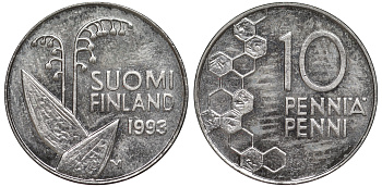 ФИНЛЯНДИЯ 10 ПЕННИ 1993 M, ЛАНДЫШ KM 65 медно-никель 3334-1163