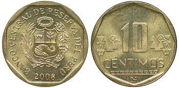 Перу 10 сентимо 2008 KM 305.4 латунь aUNC 4605-634