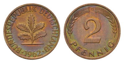 ФРГ 2 пфеннига 1962 D KM 106, J. 381 бронза 4682-1063