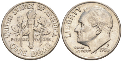 США 10 центов (дайм) 1986 P, Франклин Рузвельт KM 195a медь плакированная медно-никелем 187-1059