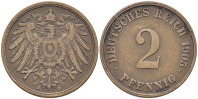 ГЕРМАНИЯ 2 ПФЕННИГА 1905 J KM 16, J. 11 медь 175-243