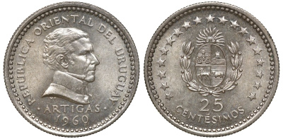 Уругвай 25 сентесимо 1960 KM 40 медно-никель 4169-825