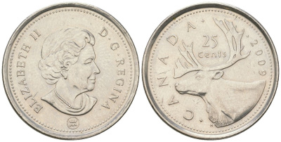 Канада 25 центов 2009 Елизавета II (1952-2022), олень KM 184 никель aUNC 4616-813