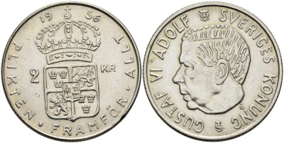 Швеция 2 кроны 1956 TS, Густав VI Адольф (1950-1973) KM 827 серебро 4517-535