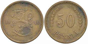 ФИНЛЯНДИЯ 50 ПЕННИ 1940 S KM 26а медь 3309-732