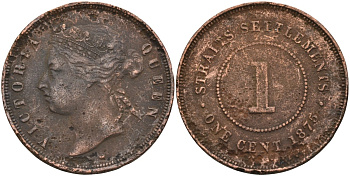Стрейтс-Сетлментс 1 цент 1875 Виктория (1837-1901), Ост-Индская компания KM 9 медь 4590-424