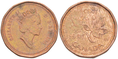 Канада 1 цент 1991 Елизавета II (1952-2022), кленовый лист KM 181 бронза 71-1156