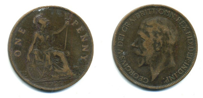 Великобритания 1 пенни 1927 Георг V (1910-1936) КМ 826, Spink 4054 бронза 41-923