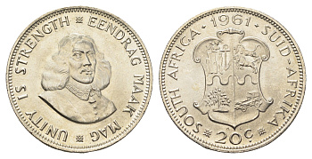 ЮАР 20 центов 1961 Ян ван Рибек KM 61 серебро UNC 1527-1411