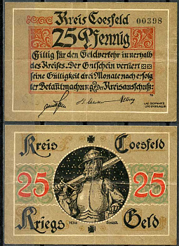 Германия, Косфельд 25 пфеннигов 1918 нотгельд, 5 цифр в номере Tieste 1185.05.01 бумага 444-76-3-2