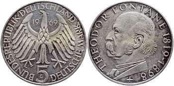 ФРГ 5 марок 1969 G, 150 лет со дня рождения Теодора Фонтана J. 399, KM 125.1 серебро 87-1022