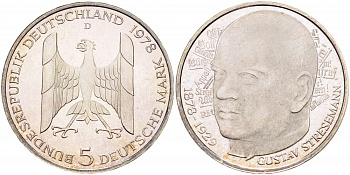ФРГ 5 марок 1978 D, 200 лет со дня рождения Густава Штреземана J. 422, KM 147 серебро PROOF 1087-2-74