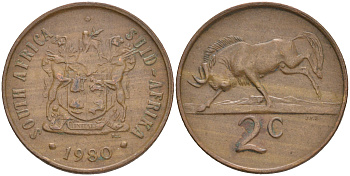 ЮАР 2 цента 1980 герб, антилопа гну KM 83 бронза 4561-723