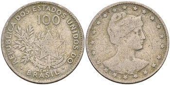 Бразилия 100 рейс 1901 голова свободы вправо KM 503 медно-никель 4589-1031