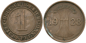 Германия 1 рейхспфенниг 1928 A KM 37, J. 313 бронза 4189-1123