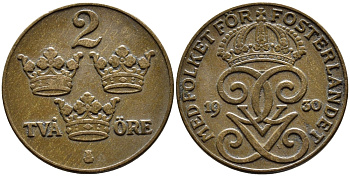Швеция 2 эре 1930 Густав V (1907-1950) KM 778 бронза 4385-427