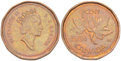 Канада 1 цент 1991 Елизавета II (1952-2022), кленовый лист KM 181 бронза 71-1135