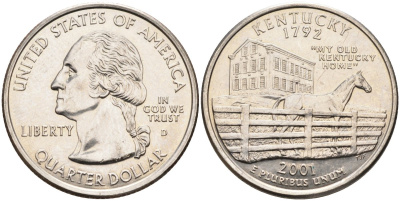 США 25 центов = квотер 2001 D, серия штаты США, Кентукки KM 322 медь плакированная медно-никелем 4586-153