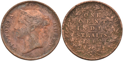 Стрейтс-Сетлментс 1 цент 1862 Виктория (1837-1901), Ост-Индская компания KM 6 медь 4590-244