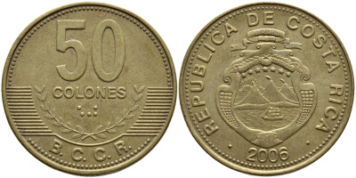 КОСТА-РИКА 50 КОЛОН 2006 B.C.C.R. KM 231.1b сталь плакированная латунью 63-452