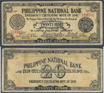 Филиппины, Себу 20 песо 1941 Pick S218 a бумага 8622-24-1-1