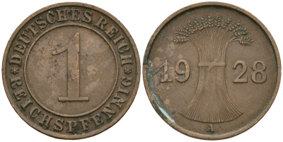 Германия 1 рейхспфенниг 1928 A KM 37, J. 313 бронза 4189-1123