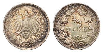 Германия 1/2 марки 1918 F KM 14, J. 17 серебро 4164-434