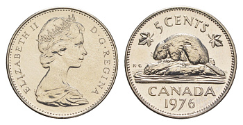 Канада 5 центов 1976 Елизавета II (1952-2022), бобр KM 60.1 никель PROOF-LIKE (BU) 4630-945