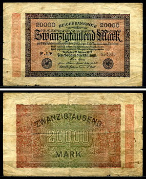 Германия 20000 марок 1923 20 февраля 1923, водяной знак "Е", в звёздах G/D, серия LE Pick 85b, Розенберг 84е бумага 2192-15-2-2