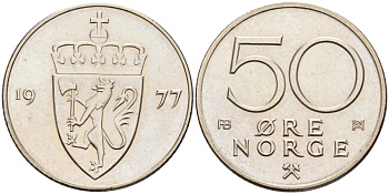 Норвегия 50 эре 1977 Улаф V (1957-1991) KM 418 медно-никель UNC 4582-731
