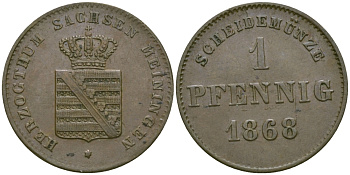 Саксен-Мейнинген 1 пфенниг 1868 Георг II (1866-1914) KM 173 медь 99-631