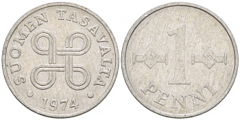Финляндия 1 пенни 1974 KM 44а алюминий 3718-115