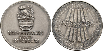 Австрия медаль 1968 серия университет Инсбрука, открытия 1968 года, медальер Kolblinger, диаметр 40 мм., серебрение бронза 4552-311