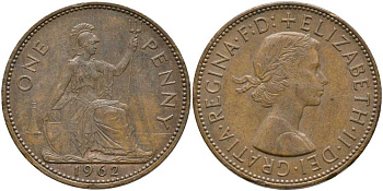 Великобритания 1 пенни 1962 Елизавета II (1952-2022) КМ 897, Spink 4157 бронза 115-442