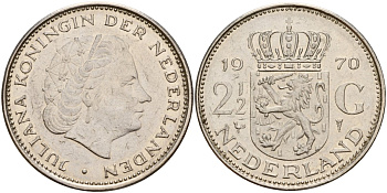 Нидерланды 2 1/2 гульдена 1970 Юлиана (1949-1980) KM 191 никель 4157-412