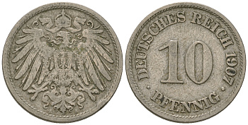 Германия 10 пфеннигов 1907 A KM 12, J. 13 медно-никель 4641-436