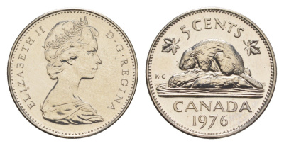 Канада 5 центов 1976 Елизавета II (1952-2022), бобр KM 60.1 никель PROOF-LIKE (BU) 4630-945