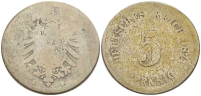 ГЕРМАНИЯ 5 ПФЕННИГОВ 1874 B, СТАРОГЕРБОВКА KM 3, J. 3, Weege 5 медно-никель 206-1054