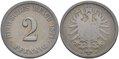 ГЕРМАНИЯ 2 ПФЕННИГА 1874 F, СТАРОГЕРБОВКА KM 2, Jager 2, Weege 3 медь 4546-536
